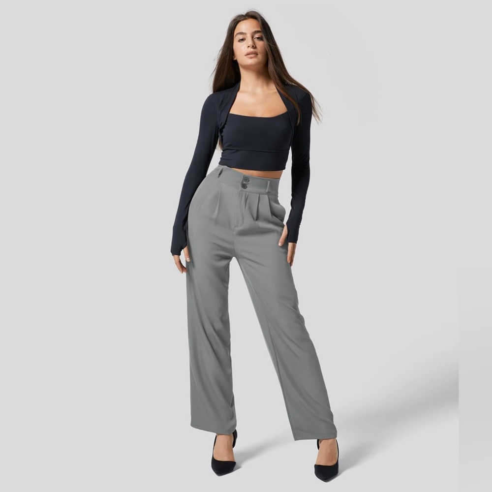 Halara High Waisted Button Zipper Side Pocket Shirred Straight Leg Work Pants 👖